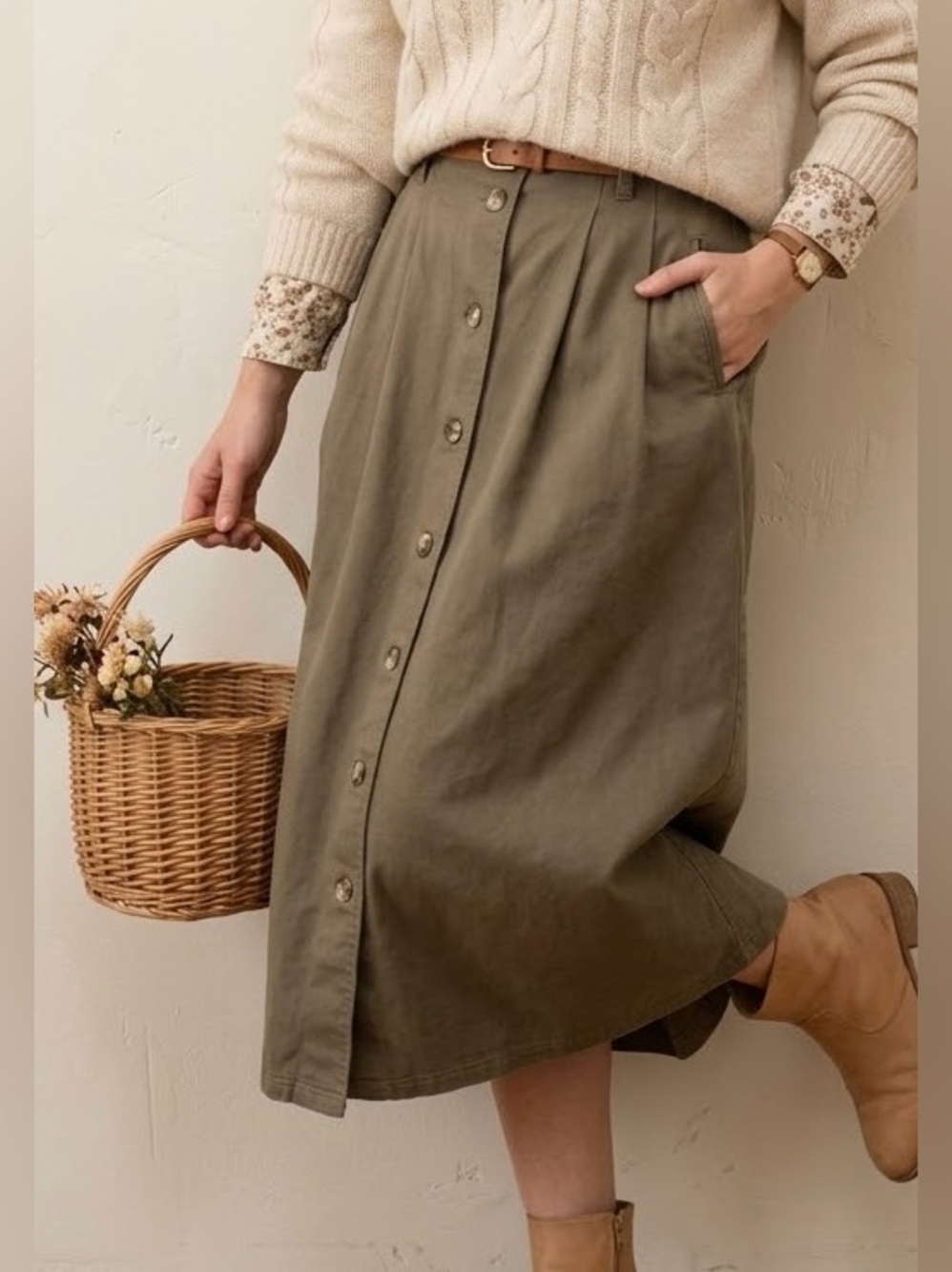 Vintage Olive Midi Skirt Size 8 Button Front